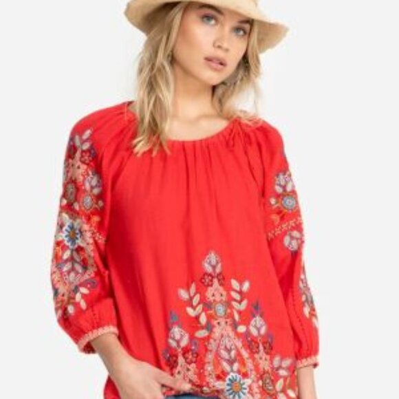 Johnny Was Tops - Johnny Was Masie Peasant Tie Blouse Plus Size XXL Red Floral Embroidered Boho